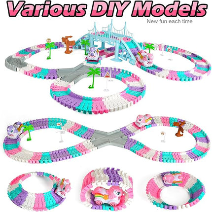 268 PCS Unicorn Race Tracks for Kids Toys, Glow in The Dark Magic Toy Set, 2 Unicorn Cars Track, Flexible DIY Track Set, Birthday Gift for Age 3-9 Boys Toddler Girls