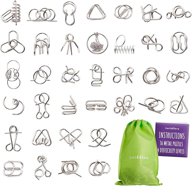 THE TWIDDLERS 36 Metal Brain Teaser Puzzles for Kids & Adults (4 Levels) - Disentanglement Mind Teaser Puzzles with Pouch - Party Favor, Educational Gift