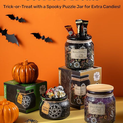 PieceRelax 3D Puzzle Jar 64 Plastic Pieces for Adults - Witches Brew - Wooden Lid Container for Kitchen Dining Study Living Room No Glue Requied Small [BC1022]