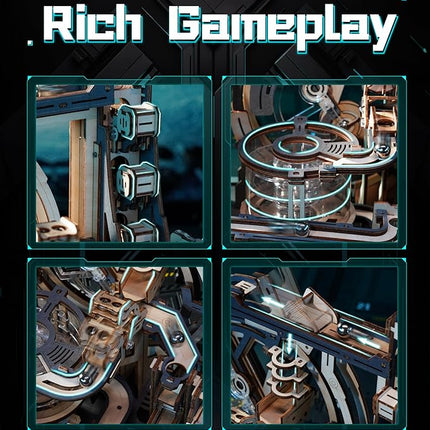 ROBOTIME Motorized Wooden Puzzles for Adults - 3D Puzzles for Adults LGC01 Marble Spaceport - Wooden Marble Run Model to Build - Space/STEM/Engineering Gift