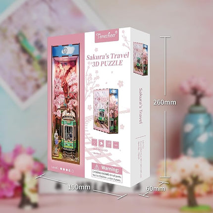 Tonecheer DIY Book Nook Kit for Adults, 3D Wooden Puzzle Bookend Bookshelf Insert Decor Fancy Book, Booknook Miniature House Kit with Sensor LED Light Birthday (Sakura's Travel)