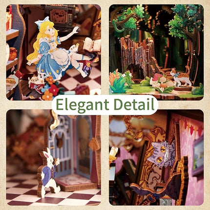 Tonecheer DIY Book Nook Kit for Adults,3D Wooden Puzzle Bookend Bookshelf Insert Library Decor, Booknook Miniature House Kit with Body Motion Sensor LED Light (Alice in Wonderland)