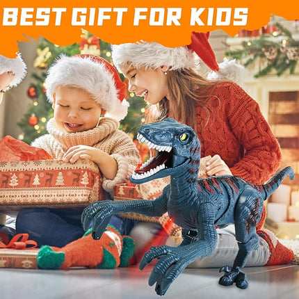 Large Remote Control Velociraptor Toy - Realistic Jurassic Walking Dinosaur with Lights & Sounds - STEM Toy for Boys Ages 5-7 & 8-12 Blue