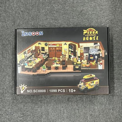 City Street Pizza Restaurant Building Set with Light, 1098PCS Pizzeria House Architecture Model with Retro Pizza Van, Home Decor Construction Building Block Gift for Adults Teens Boys Girls 12+