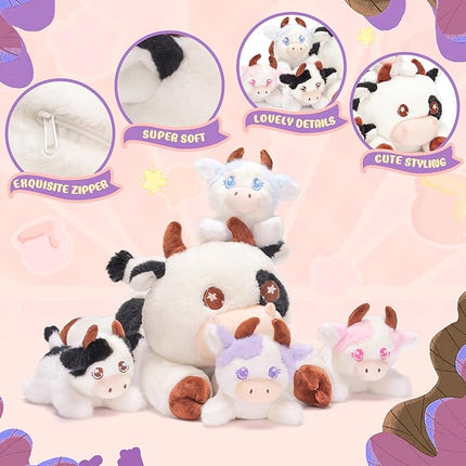 IKASA Mommy Cow Stuffed Animal Mom and Baby Plush, 15" Cute Soft Mama Family Set Cuddly Toy with Little Mini Babies,Gifts for Kids
