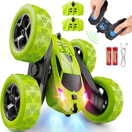 Remote Control Car for Kids Ages 6+, RC Cars Stunt Car Toy 4WD Double Sided 360° Rotating Remote Control with Headlights, Birthday Xmas Gifts for Boys 6 7 8 9 10 11 12 Green