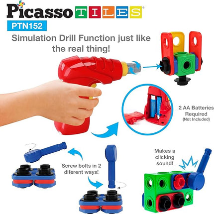 PicassoTiles 152pc STEM Construction Toy Building Set for Kids Ages 3+ Includes Power Drill, Ratchet, Idea Book, Storage Box Educational Engineering Science Kit & Sensory Toys for Boys & Girls PTN152