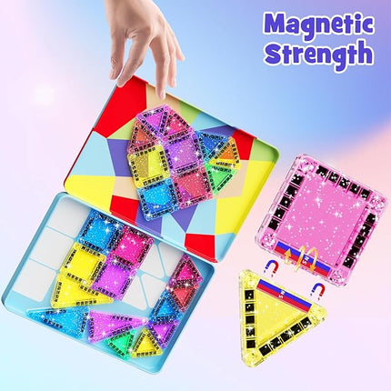 Travel Mini Magnetic Tiles Glitter Construction Set 42Pcs，Magnetic Building Blocks Stem Gift Travel Toys for Kids for Boys and Girls Ages 3+