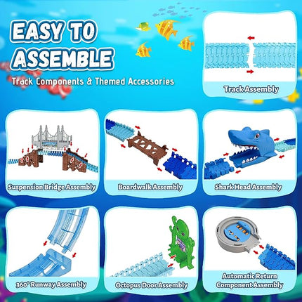 VATOS Shark Track Toys - 219 Pcs Flexible Race Track Set with 360° Loops, Electric Shark Car & Auto-Rotating, Create a Shark Theme Road Race, STEM Toy Birthday for Boys Girls Ages 3-8