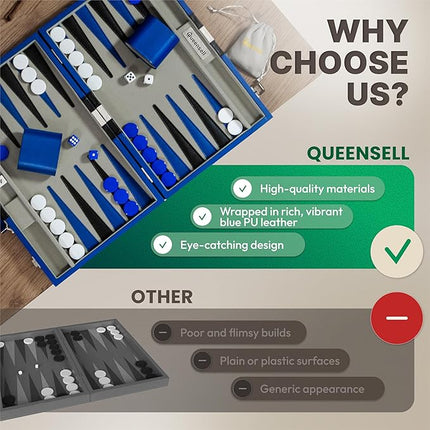 Backgammon Sets for Adults – 15-Inch PU Leather Board Game – Classic 2-Player Travel Backgammon Set with 32 Playing Pieces, Dice, and Cups