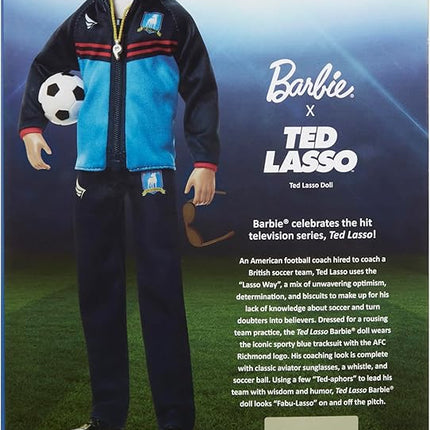 Barbie Signature Fashion Doll, Ted Lasso Wearing Blue Tracksuit with AFC Richmond Logo, Collectible in Displayable Packaging
