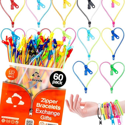 UpBrands 60 Party Favors for Kids, Friendship Zipper Bracelets 7 1/2” Sensory Bulk Set, Fidget Toys, Kit for Valentines, Birthday, Goodie Bags, Pinata Filler, Easter Egg Hunt Toys, Classroom Rewards