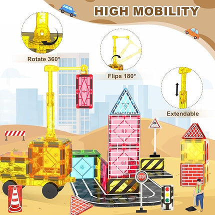 Magnetic Tiles Road Set Kids Toys, Magnetic City Construction Toys with Magnet Crane for 3+ Year Old Boys Girls, STEM Magnet Blocks Building for Kids Ages 3-5 4-8