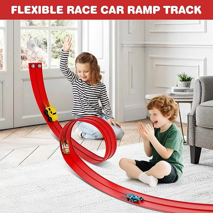 16 Ft Flexible Race Car Ramp Track for Kids Toy with Suction Cups, Compatible with Diecast 1/64th Cars, Rolls Up Portable Racetrack Party Favor Gifts for Boys Ages 3-10 Year Old (Racing Red)