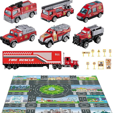 TEMI Diecast Emergency Fire Rescue Vehicle Toy Set w/Play Mat, Truck Carrier,Ambulance, Alloy Metal Fighting Car for 3 4 5 6 Years Old Toddlers Kids Boys and Girls