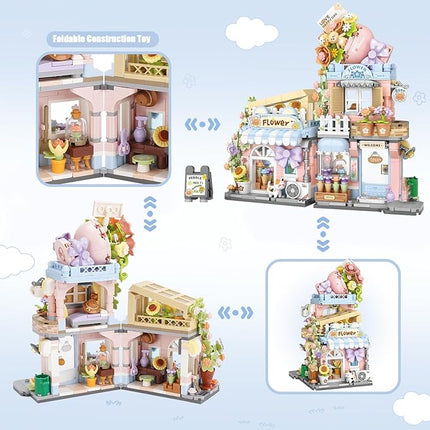 Street View Flower House Shop Mini Building Blocks, MOC Creative Building Toys Cute Panda Building Set for Girls 6-12, Simulation Architecture Construction Toy, Gift Idea for Kids Adults (854 PCS)