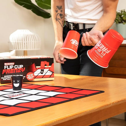 Buzzed Flip Cup Frenzy Adult Drinking Game, Party Games for Adults, Includes 1 Game Mat, 8 Flip Cups, 1 Drink Cup, and Instructions