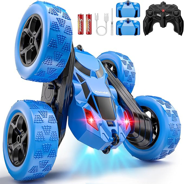 RC Stunt Car for Kids, 360° Flip Double Sided Remote Control Vehicle with Headlights, USB-C Rechargeable 4WD Toy, 2.4GHz Electric Car for Boys and Girls (Blue)