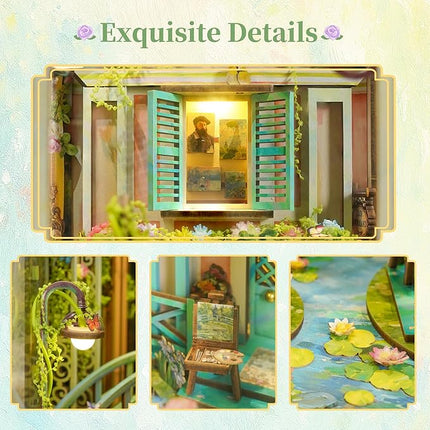 Tonecheer DIY Book Nook Kit for Adults, 3D Puzzle Wooden Miniature House Kit, Booknook Dollhouse Bookshelf Insert Decor Bookend with Dust Cover and LED Lights Gifts (Giverny Garden)