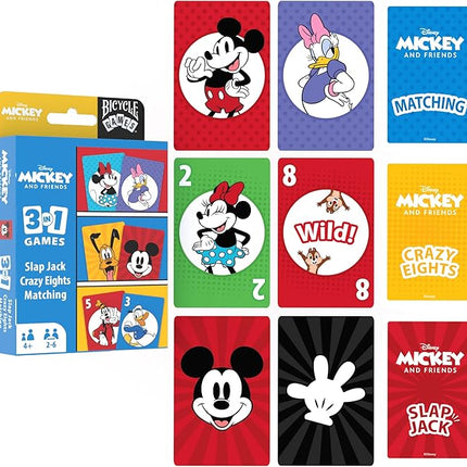 Bicycle Disney Mickey and Friends 3-in-1 Card Games, Matching, Crazy Eights & Slap Jack, Featuring Mickey Mouse, Donald Duck & Goofy, Kids Card Games Ages 4+, Family Games for 2-6 Players