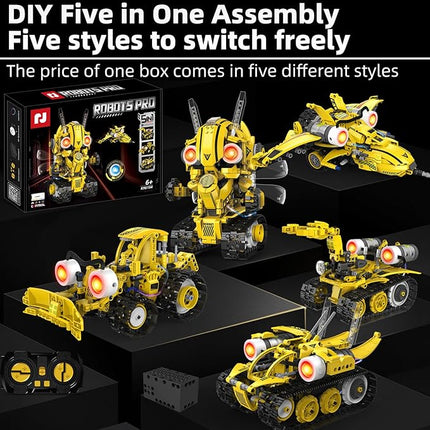 STEM Building Toys for Kids 6-14，5-in-1 Remote & App Controlled Construction Bumblebee Warrior/Powerful Iron Hand/Bulldozer/Hornet Jet/Tracked Vehicle，673 Pcs Building Blocks Set for Boys Girls