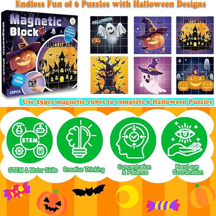 Magnetic Blocks Building Toy,Ritastar 25pcs Mine Stacking Magnet Build Cubes Cartoon Pattern World,STEM Sensory Construction Toys for Kids Gift,Educational Jigsaw Puzzle Set with 3D Halloween Designs