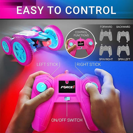 Force1 Tornado Pink LED Remote Control Car for Kids - Double Sided Driving Fast RC Cars 360 Flips, Outdoor 4WD Off Road Stunt RC Car, All Terrain Tires, RC Crawler Rechargeable Battery, 2.4GHz Remote