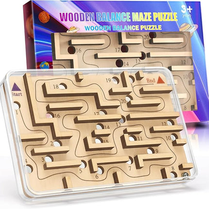 Handheld Fidget Puzzle Game for Kids and Adults - Challenging Wooden Labyrinth Marble Maze for Teen Boys - Fun Brain Teaser Puzzle Fidget Toys for Travel Stocking Stuffer Party Favor for Kids Ages 8+