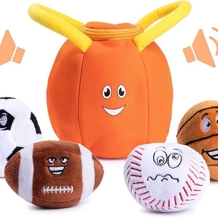 Plush Creations Talking Sports Plush Bag with 4 Talking Soft Plush Balls. Sport Set Includes Plush Sports Bag Plush Basketball Plush Baseball Plush Soccer Ball and Plush Football