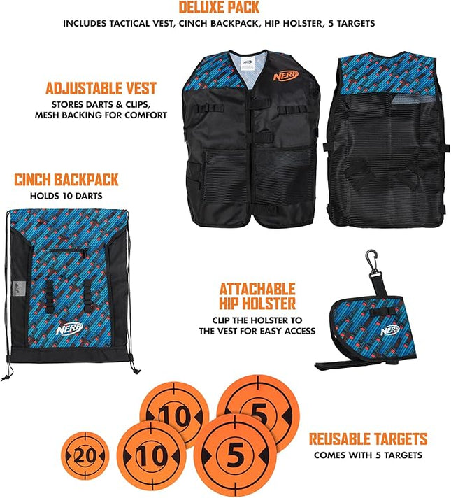 Nerf Elite Deluxe Tactical Gear Pack - Tactical Vest with Hip Holster, Cinch Backpack, and 5 Targets - Blast Into Battle