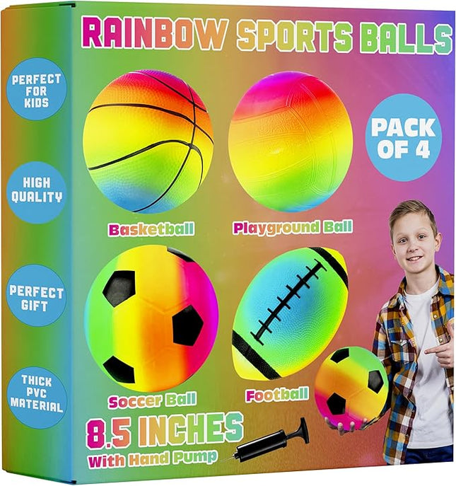Rainbow Sports Balls for Kids & Toddlers - (Pack of 4) 8.5-Inch Neon Sport Ball Set Includes Football, Soccer, Basketball, & Playground Balls, Toy Balls for Indoor/Outdoor