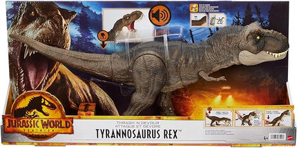 Mattel Jurassic World Dominion Thrash ‘N Devour Tyrannosaurus T Rex Action Figure Toy with Sound and Motion for Battle Play
