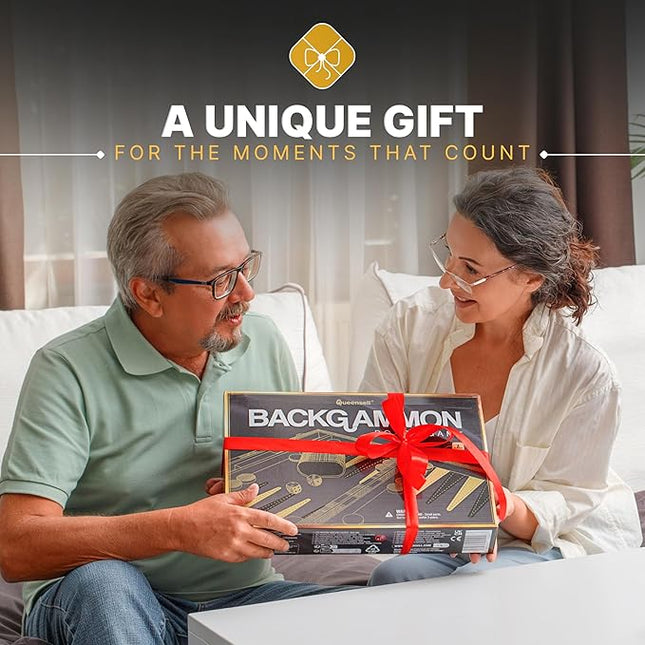 Backgammon Sets for Adults – 15-Inch Black PU Leather Board Game Set – Classic 2-Player Travel Backgammon Set with 32 Playing Pieces, Dice, and Cups