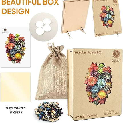 delobi Succulent Waterfall Wooden Puzzles, 500 Pieces Jigsaw Puzzles 18.5'' x13.1'', Unique Design Liberty Wooden Puzzles for Adults and Kids, Family Game Gift Royal Size