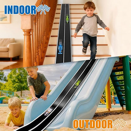 Flexible Race Track Toys for Kids, 15 Ft Double Lane Racetrack with 4 Cars & Suction Cups, Compatible with Hot Wheels & 1/64 Diecast Cars, Portable Roll Up Car Ramp Track Set for Ages 3+(White&Black)