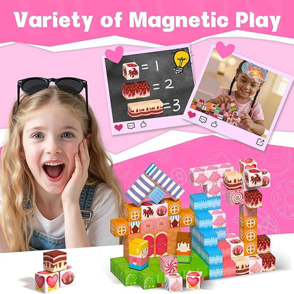 150Pcs Magnetic Building Blocks,Magnetic Cubes Pink Princess Set for Kids Age 3+ Girls Stacking Building for Kids Magent Blocks Constrcution Preschool Learning Toys Birthday Gifts