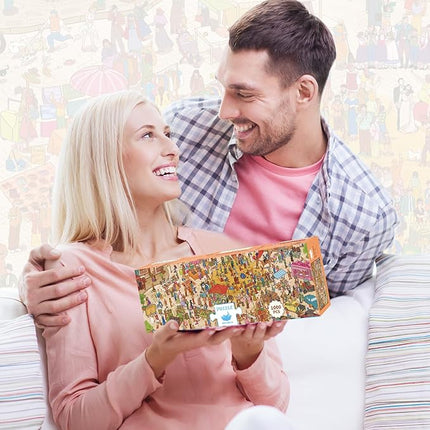 MOMIBOOK Puzzles for Adults 1000 Pieces Jigsaw Puzzles of Happy Shopping at The Market, Painting Image Town Difficult Challenging Hard Impossible Puzzle Unique Funny Party Christmas Birthday Gifts
