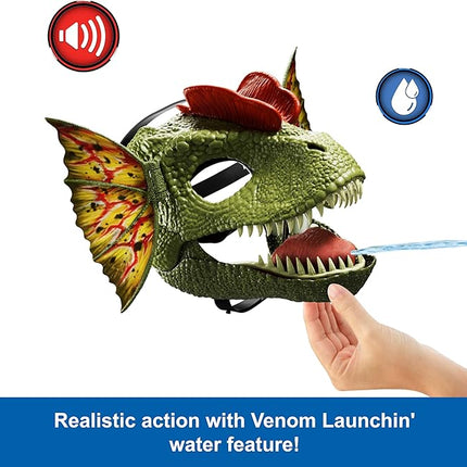 Mattel Jurassic World Dilophosaurus Role Play Mask with Venom Launchin Water Feature, Sound & Adjustable Frill, Dinosaur Costume Headgear Toy