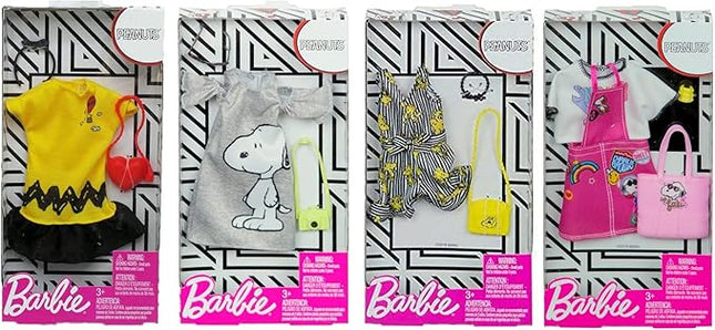 Barbie Fashion Peanuts Character Outfit Set – Bundle of 4 Clothing Packs with Accessories | Fits Most Dolls | Snoopy & Friends Themed Wardrobe | Ages 3+