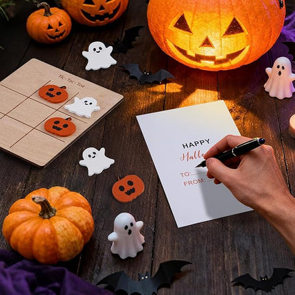 12Pcs Halloween Tic Tac Toe Board Game, Mini Wooden Tic Tac Toe Strategic Board Game with Cute Pumpkin, Ghost Pieces and Cards for Non Candy Halloween Treats Gift Party Prizes Family Activities