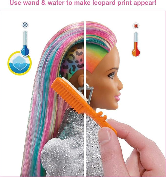 Barbie Doll Leopard Rainbow Hair with Color-Change Highlights & 16 Styling Accessories Including Clothes, Scrunchies, Brush & More