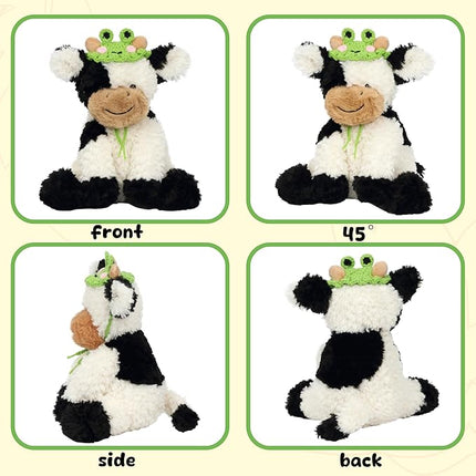 Hopearl Adorable Plush Cow Toy with Cute Tiny Knitted Frog Hat Floppy Dairy Cattle Soft Stuffed Animal Gifts for Boys Girls Kids Toddlers, 9''