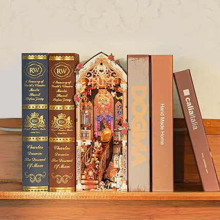 Tonecheer DIY Book Nook Kit for Adults, 3D Wooden Puzzle Music Booknook Miniature Dollhouse, Fairy Tale Bookend Bookshelf Decor with Dust Cover and LED Lights Gifts (Beast‌ and Beauty)