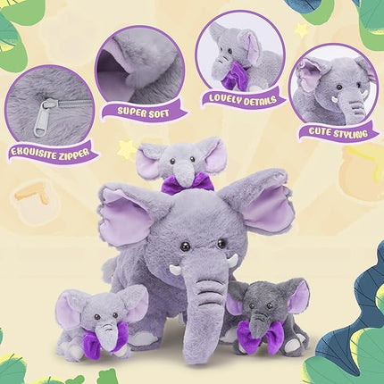IKASA Mommy Elephant Stuffed Animal Mom and Baby Plush Toy, Cute 17" Soft Small Mama Family Set Cuddly Toy with Little Mini Babies,Gifts for Kids