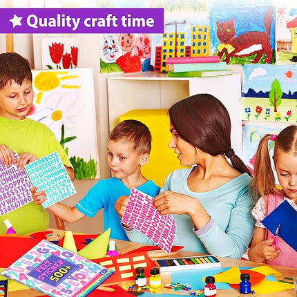 KRAFUN Felt Sticker Kit for Beginner Young Girls and Kids Arts & Crafts, Pack of 500+ Assorted Scrapbook Stickers Alphabets, Numbers, Fun Shapes, Preschool, Children Early Learning, self Adhesive