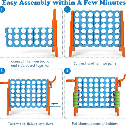 Costzon Giant 4-in-A-Row, Jumbo 4-to-Score Giant Game w/Basketball Hoop, Ring Toss, Quick-Release Slider, 42 Jumbo Rings, Indoor Outdoor Family Connect Game for Kids & Adults, Backyard Games, Orange