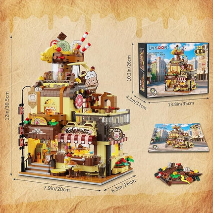 City Ice Cream House Building Set with Lights, 1377 PCS Dessert Shop Building Block Toy with Chocolate Sundae Cone, Sweet Workshop Construction Model for Adults Teens Kids Boys Girls Ages 12+