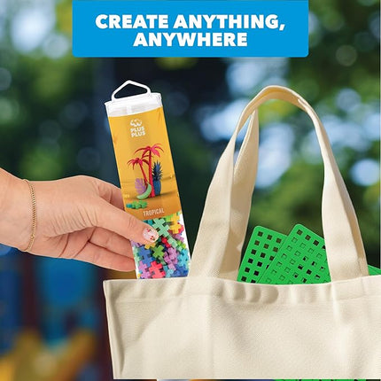 PLUS PLUS 240 Piece Interlocking Building Blocks for Kids, Open Ended Connecting Toys, STEM Bin Mini Manipulatives - Tropical Mix Play Tube & Baseplate