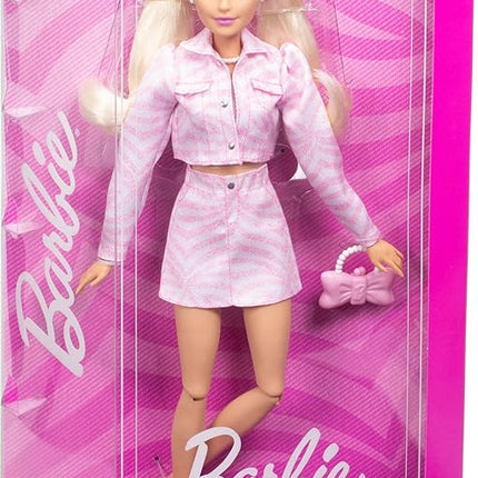 Barbie Deluxe Style Doll #9 in Pink Denim Outfit, Blonde Hair, Matching Jacket and Skirt Set with Accessories Like Bow Clutch and Pearly Jewelry