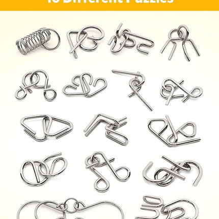 Coogam Metal Wire Puzzle Set of 16 with Pouch,Brain Teaser IQ Test Disentanglemen Iron Link Unlock Interlock Game Chinese Ring Magic Trick Toy for Party Favor Kids Adults Challenge